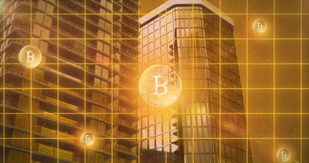 Image of bitcoin symbols over buildings. global business, finances, connections and digital...