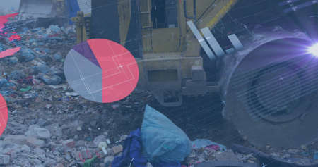 Image of data processing over bulldozer at waste collection site. global environment, waste disposal...