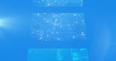 Image of connections spinning and medical data processing on screens over blue background. science and research concept digitally generated image.の写真素材