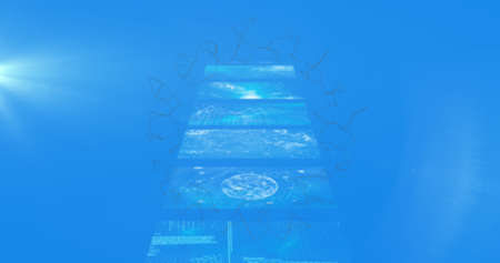 Image of connections spinning and medical data processing on screens over blue background. science...