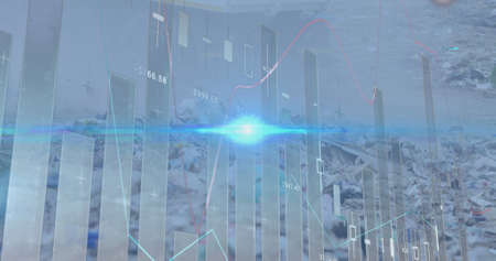 Image of statistics and data processing over waste disposal site. environment, waste disposal and...