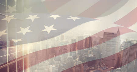 Image of moving american flag over skyscraper and cityscape. patriotism and celebration concept...