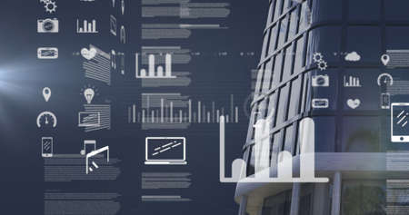 Image of financial data processing over building. global business, finances, connections and digital...