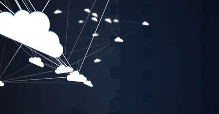 Network of cloud icons against tall buildings in background. global networking and business...