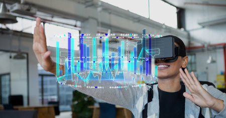 Digital interface with statistical data processing against african american woman wearing vr...
