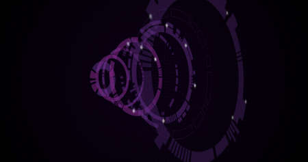 Image of moving circles with light spots on black background. digital interface and technology...