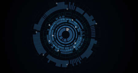 Image of moving circles with light spots on black background. digital interface and technology...