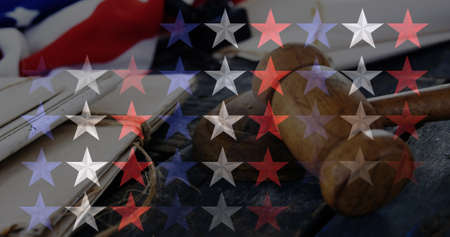 Image of stars of flag of united states of america over court files and hammer. american patriotism,...