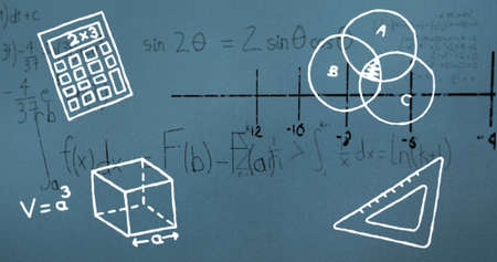 Image of globe over mathematical equations in blue notebook. learning and maths education concept...