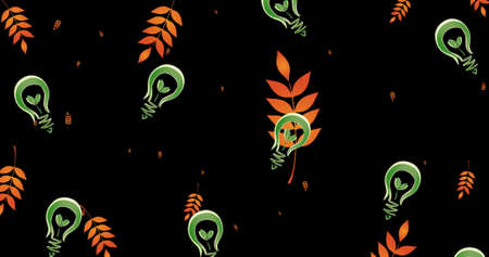 Image of green lightbulbs and leaves on black background. global environment, green energy and...