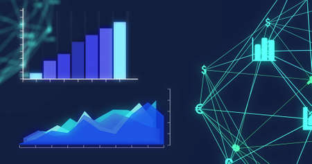 Digital image of statistical data processing and globe of digital icons against blue background. computer interface and technology conceptの写真素材