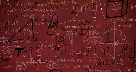 Image of mathematical equations on grey background. learning and maths education concept digitally...