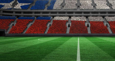 Image of gold confetti falling over flag of chile in sports stadium. competition, sports and competition concept digitally generated image.の写真素材