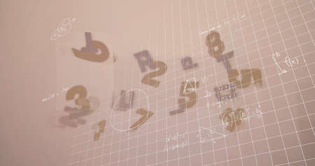 Image of falling line over mathematical equations in school notebook. learning and maths education...