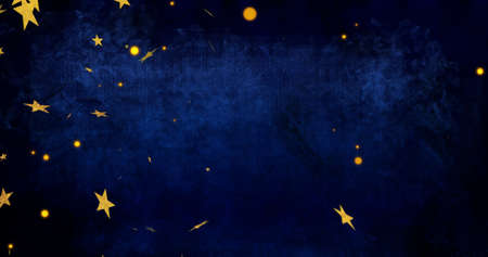 Image of yellow stars moving on blue background. party and celebration concept digitally generated image.の写真素材