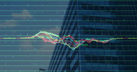 Image of financial data processing over modern office block. business, digital interface and data processing concept digitally generated image.の写真素材