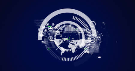Image of circle moving over financial data processing on blue background. global business, finances,...