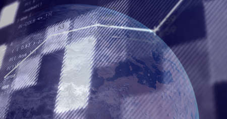 Image of globe and financial data processing over black background. global business, finances and...