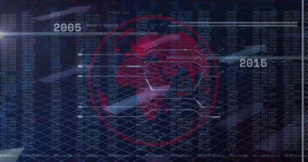 Image of globe and financial data processing over black background. global business, finances and...