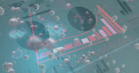 Image of covid 19 cells floating over statistics in background. global covid 19 pandemic concept...