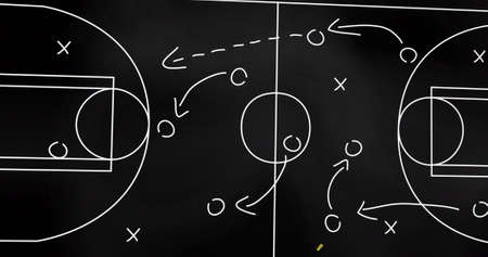 Image of confetti falling and sports tactics on basketball court background. sports strategy and competition concept digitally generated image.の写真素材