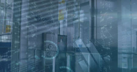 Image of data processing over lift in office. global business, finances and digital interface...