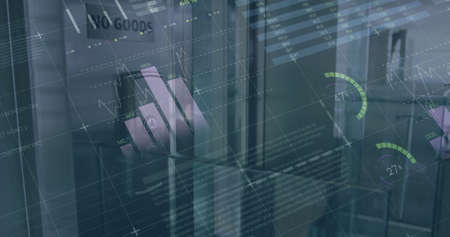 Image of data processing over lift in office. global business, finances and digital interface concept digitally generated image.の写真素材