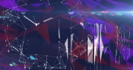 Image of network of connections and shapes on black background. global communication technology...