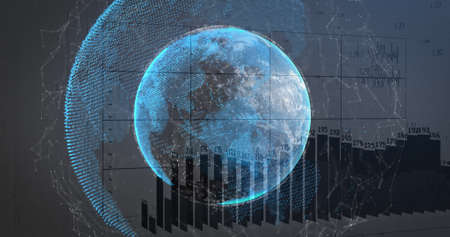 Image of financial data processing over globe on black background. global finance, business and digital interface concept digitally generated image.の写真素材