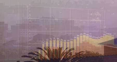 Image of financial data processing over cityscape. global finance, business and digital interface...