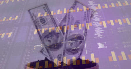 Image of financial data processing over dollars on white background. global finance, business and...