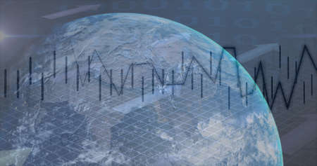 Image of financial data processing over globe on black background. global finance, business and...