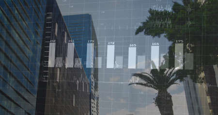 Image of financial data processing over cityscape. global finance, business and digital interface concept digitally generated image.の写真素材