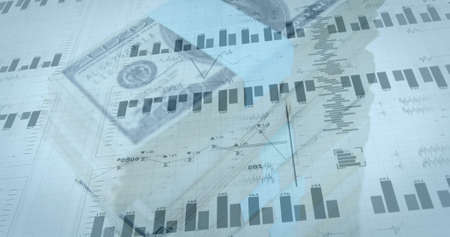 Image of financial data processing over dollars on white background. global finance, business and...