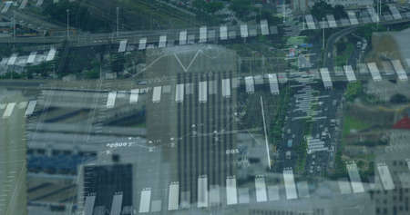 Image of financial data processing over cityscape. global finance, business and digital interface...