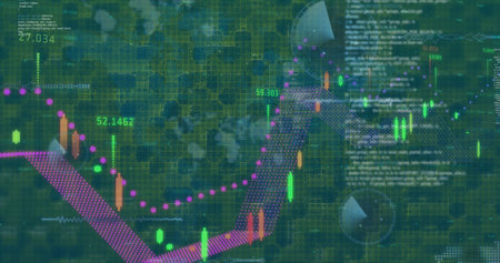 Image of data processing and world map over digital screen. computing, digital interface and data...