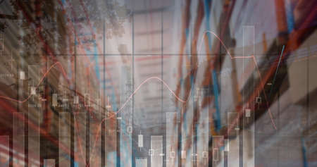 Image of financial data processing over empty warehouse. global shipping, delivery and connections...