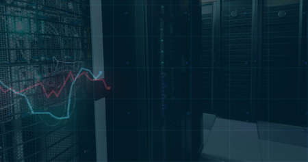 Image of financial data processing over server room. global finance, business and digital interface...