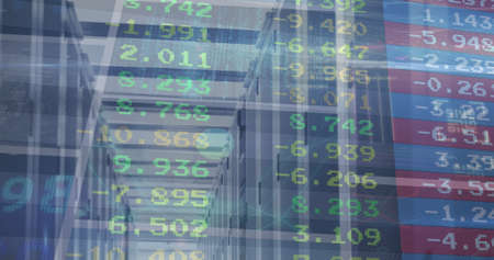 Image of stock market over server room. global finance, business and digital interface concept...