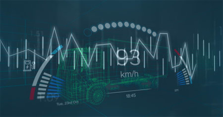 Image of financial data processing and car panel over digital truck model. global finance, business...