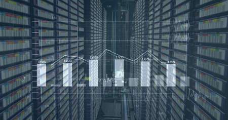 Image of financial data processing over server room. global finance, business and digital interface concept digitally generated image.の写真素材