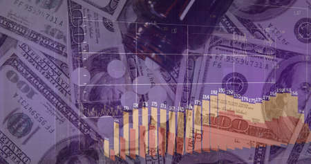 Image of financial data processing over dollars and pills. global finance, business and digital interface concept digitally generated image.の写真素材