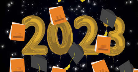 Image of graduation caps and books over 2023 text and stars on black background. education and...