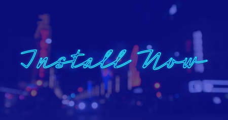 Image of install now text over cityscape at night on blue background. social media and communication...