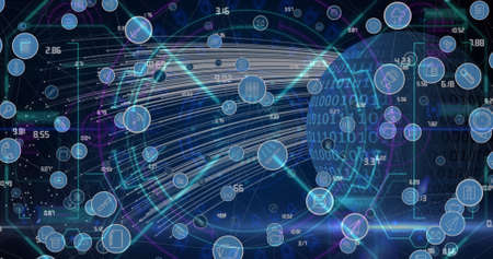 Image of network of connections, icons and data processing over globe. digital interface,...