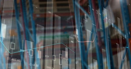 Image of financial data processing over empty warehouse. global shipping, delivery and connections...