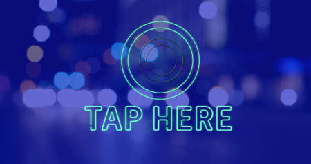 Image of tap here text over cityscape at night on blue background. social media and communication interface concept digitally generated image.の写真素材