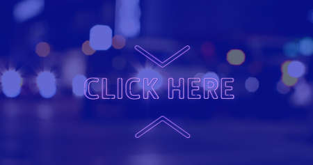 Image of click here text over cityscape at night on blue background. social media and communication interface concept digitally generated image.の写真素材