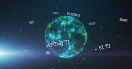 Image of data processing and globe over dark background. digital interfaces concept and connections concept digitally generated image.の写真素材