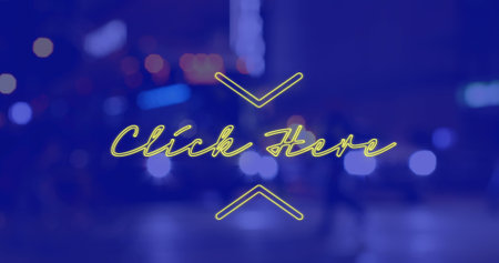 Image of click here text over cityscape at night on blue background. social media and communication interface concept digitally generated image.の写真素材